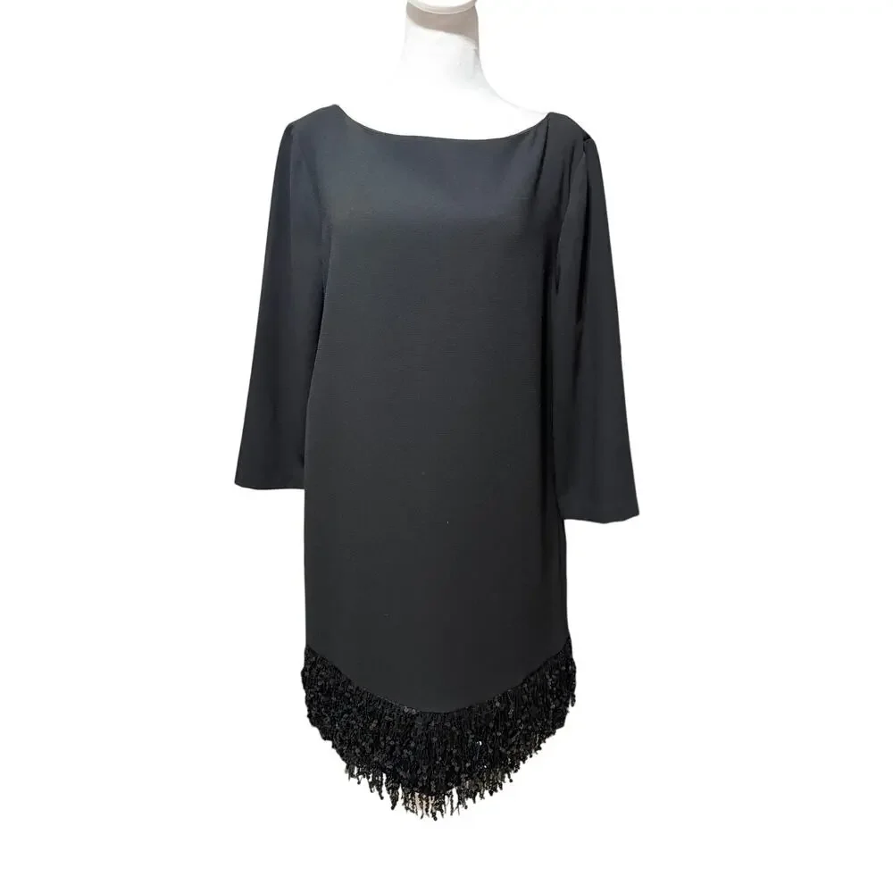 Kate Spade Fringe Hem Shift Dress Black 3/4 Sleeve Size 12 Cocktail